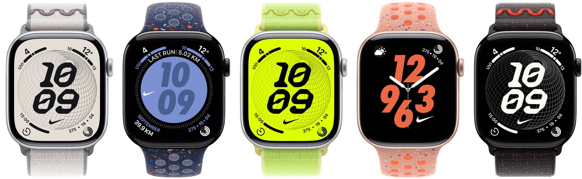 Různé Apple Watch, řemínky Nike: provlékací sportovní řemínek Nike v barvě Veiled Grey, sportovní řemínek Nike v barvě Blue Ribbon, provlékací sportovní řemínek Nike v barvě Volt Splash, sportovní řemínek Nike v barvě Alpenglow Pink, sportovní řemínek Nike v barvě Midnight Black, ciferníky Nike: Globe, hybridní, Bounce, digitální
