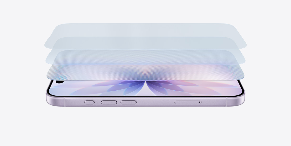 Boční pohled na levandulový iPhone 17 v orientaci na šířku, v rozloženém pohledu na vrstvy na displeji je vidět Ceramic Shield 2