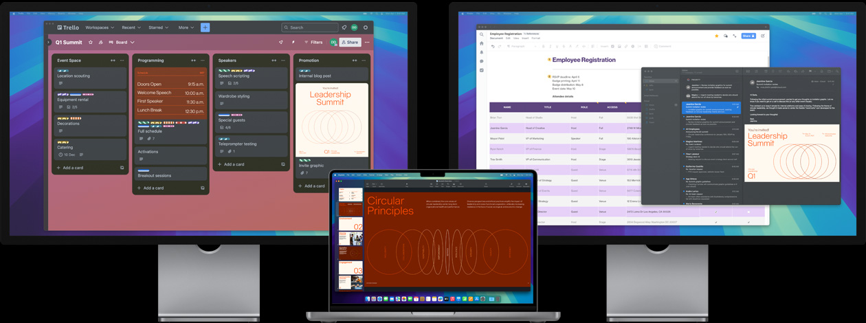 MacBook Pro with two Studio Displays — onscreen, a user prepares for a leadership summit, tracking tasks in the app Trello, preparing a presentation, and reviewing design files via email