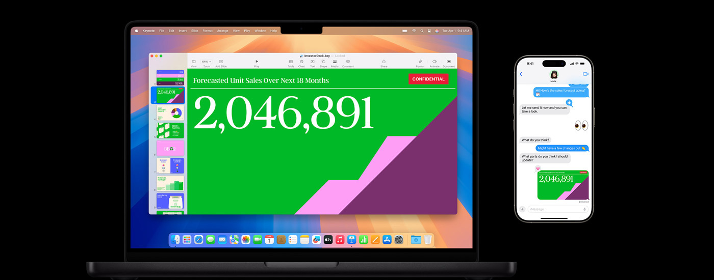 Una presentazione mostrata su uno schermo Mac e messaggi di testo con un collegamento alla presentazione.