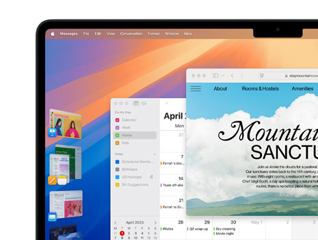 Più finestre e app su uno schermo tra cui Keynote, Pages, Mail e un sito web con contenuti su un monastero.