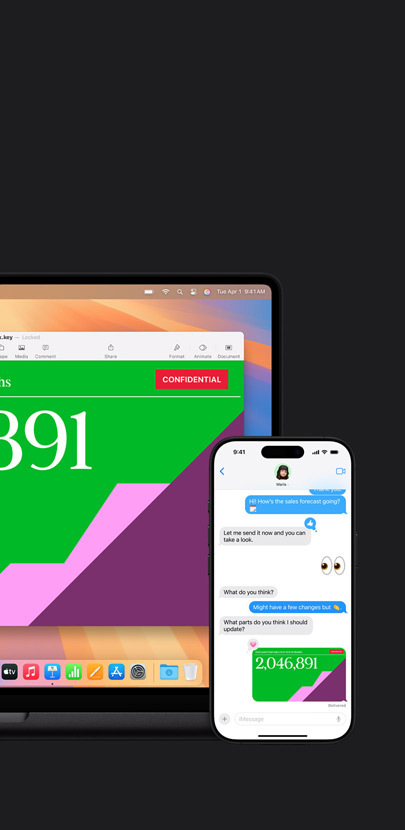 Un Mac con una presentazione. Di fronte al Mac c’è un iPhone con messaggi di testo e una presentazione condivisa.