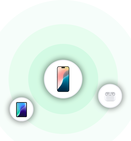 Icons representing an iPad, iPhone and AirPods sit on top of a green circular map marker.