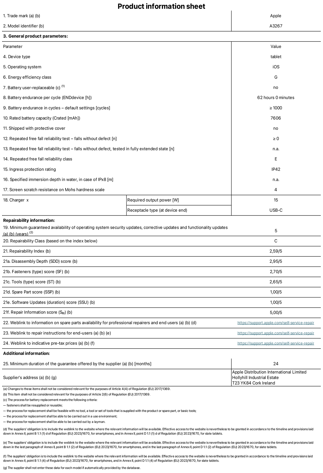 Product information sheet for 11-inch iPad Air Wi-Fi + Cellular. Model A3267. Supplied by Apple UK Ltd, 100 New Bridge Street, London, EC4V 6JA. Device type: tablet. Operating system: iOS. Energy efficiency class for Standard Dynamic Range: G. Battery endurance 62 hours. Battery endurance in cycles: greater than or equal to 1,000. Rated battery capacity: 7,606 milliampere-hours. Repeated free fall reliability test - falls without defect: greater than or equal to 0. Repeated free fall reliability class: E. Ingress protection: IP42. Screen scratch resistance on Mohs hardness scale: 4. Charger required output power 15 watts. Charger receptacle type: USB-C. Minimum guaranteed availability of operating system security updates, corrective updates and functionality updates: 5 years. Repairability Class: C. Repairability Index: 2.59/5. Disassembly Depth score: 2.95/5. Fasteners (type) score: 2.70/5. Tools score: 2.65/5. Spare Part score: 1.00/5. Software Updates score: 1.00/5. Repair information score: 5.00/5. Weblink to information on spare parts availability for professional repairers and end-users: https://support.apple.com/self-service-repair. Weblink to repair instructions for end-users: https://support.apple.com/self-service-repair. Weblink to indicative pre-tax prices: https://support.apple.com/self-service-repair. 24-month general guarantee offered.