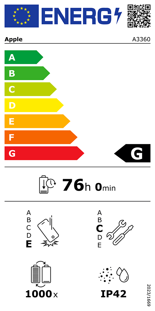 EU Energy Label QR code and information, Apple model A3360, class G, energy efficiency classes (with a scale from A to G), A (most efficient) to G (least efficient), battery endurance per cycle, 76 hours and 0 minutes per full battery charge, repeated free fall reliability class E, A (most robust) to E (least robust), repairability class C, A (most repairable) to E (least repairable), 1,000 battery endurance in cycles, dust and water ingress protection (IP) rating IP42, regulation 2023/1669