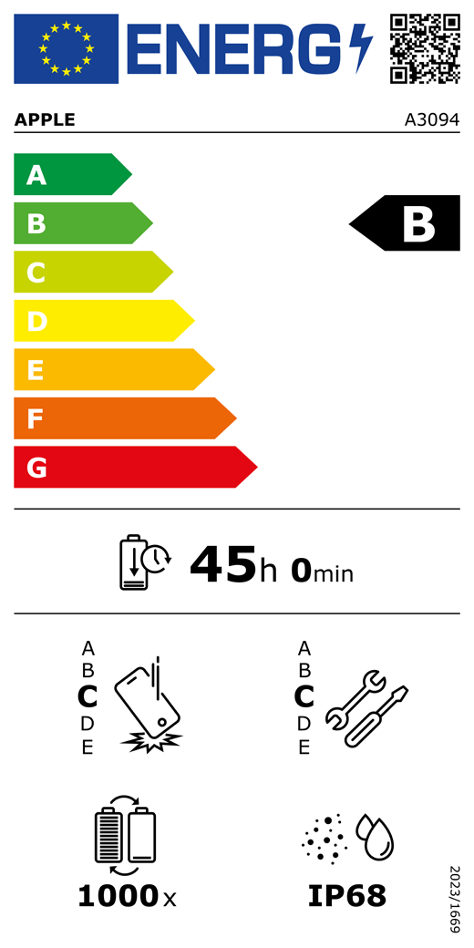 EU Energy Label QR code and information, Apple model A3094, class B, energy efficiency classes (with a scale from A to G), A (most efficient) to G (least efficient), battery endurance per cycle, 45 hours and 0 minutes per full battery charge, repeated free fall reliability class C, A (most robust) to E (least robust), repairability class C, A (most repairable) to E (least repairable), 1000 battery endurance in cycles, dust and water ingress protection (IP) rating IP68, regulation 2023/1669.