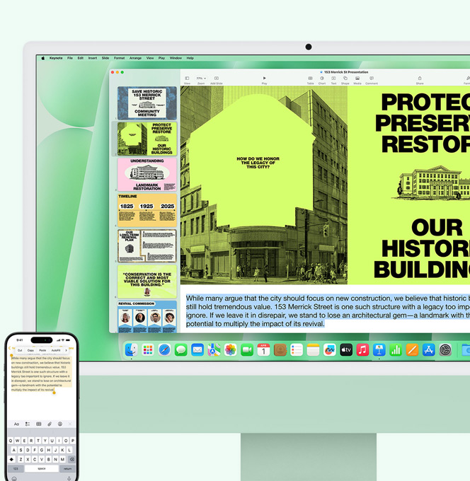 Un iMac vert et un iPhone sont placés côte à côte. Un texte issu de l’app Notes de l’iPhone est copié-collé sur l’iMac