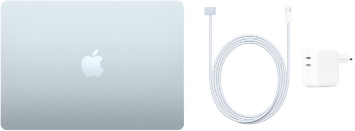Un MacBook Air 13 pollici, un cavo da USB-C a MagSafe 3 e un alimentatore USB-C da 30W