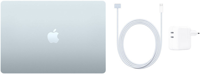 Un MacBook Air 15 pollici, un cavo da USB-C a MagSafe 3 e un alimentatore da 35W a doppia porta USB-C