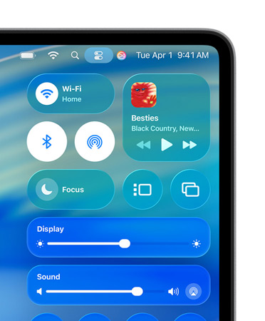 Lato destro dello schermo di un Mac, con il Centro di Controllo e alcuni comandi personalizzati in Liquid Glass, tra cui Wi-Fi e Bluetooth