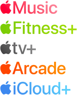 Un elenco di servizi Apple: Apple Music, Apple Fitness Plus, Apple TV Plus, Apple Arcade e Apple iCloud Plus