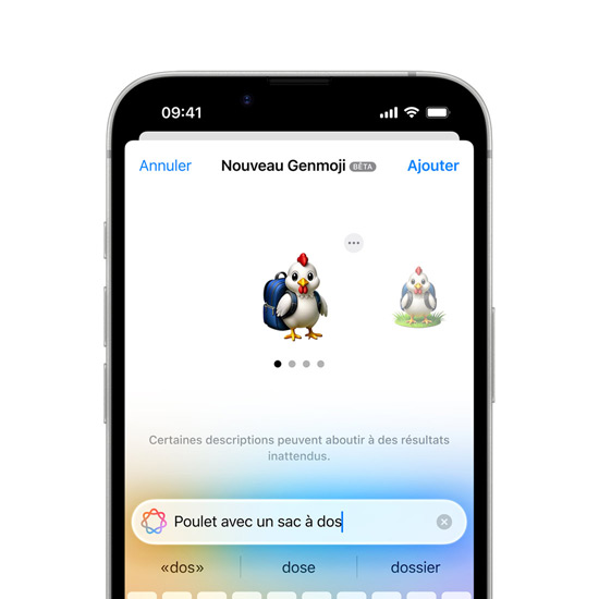 Écran d’iPhone 16e montrant la création d’un Genmoji.