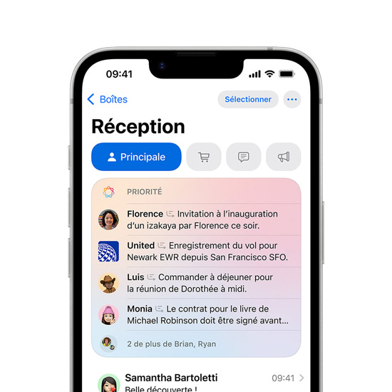 Vue partielle de l’écran d’un iPhone 16e montrant la fonctionnalité Messages prioritaires dans Mail.