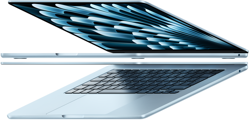 Deux MacBook Air en finition bleu ciel ouverts forment une flèche, soulignant la finesse du profil