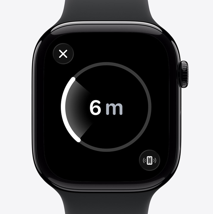 Apple Watch Series 11, boîtier en aluminium, couleur noir de jais poli, écran Localisation précise, distance estimée jusqu’à l’iPhone recherché