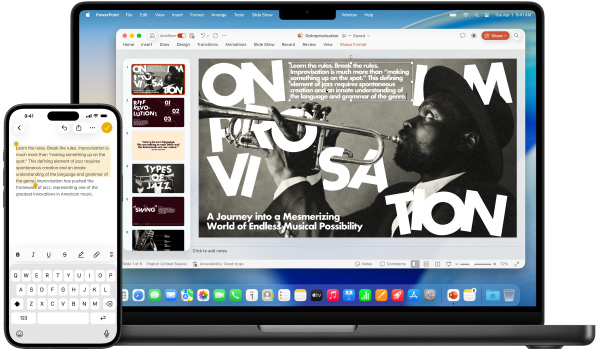 在 iPhone 上利用通用剪貼板複製重點標示的文字,然後貼上 14 吋 MacBook Pro 上的 Microsoft PowerPoint 簡報