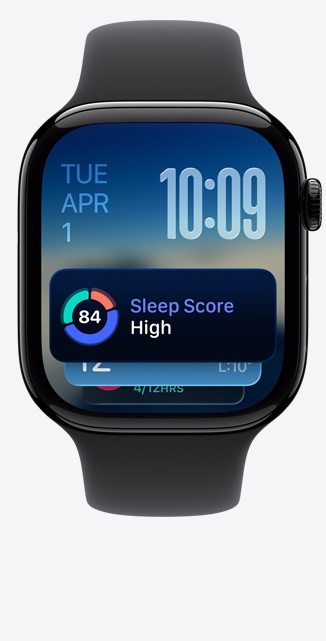 Apple Watch Series 11,拋光亮黑色鋁金屬錶殼,展示智慧型疊放、睡眠分數通知,右側設有數碼錶冠,配搭黑色運動錶帶