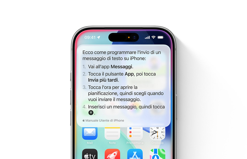 Un iPhone con le istruzioni passo passo per programmare l’invio di un messaggio