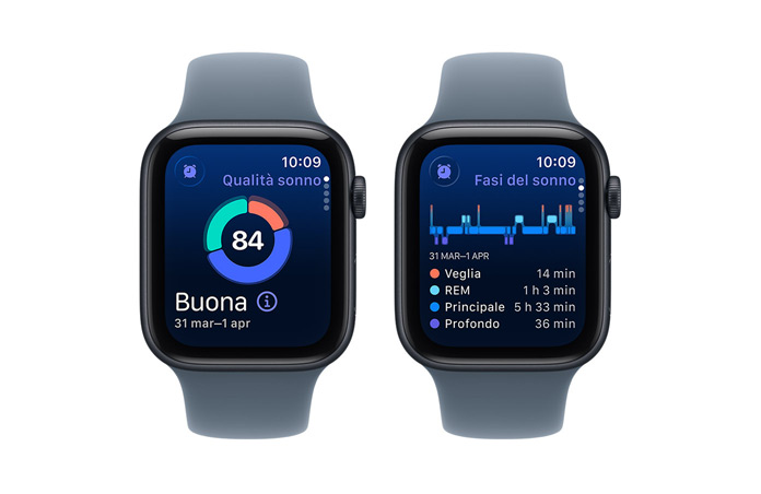 Apple Watch SE 3, parametro Qualità del sonno, analisi con grafico ad anello, “Fasi del sonno” con analisi delle fasi veglia, REM, sonno principale e sonno profondo