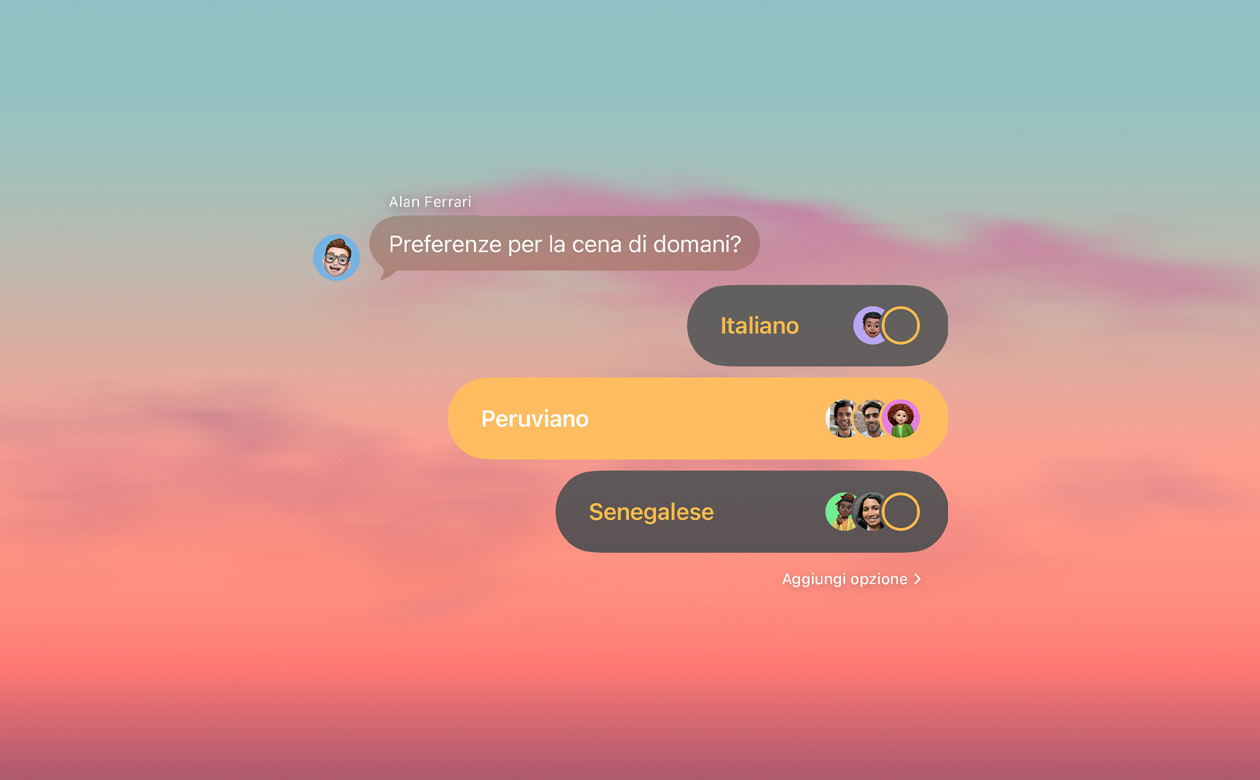 La funzione Sondaggi e gli sfondi in Messaggi con le persone nella chat di gruppo che votano cosa mangiare per cena