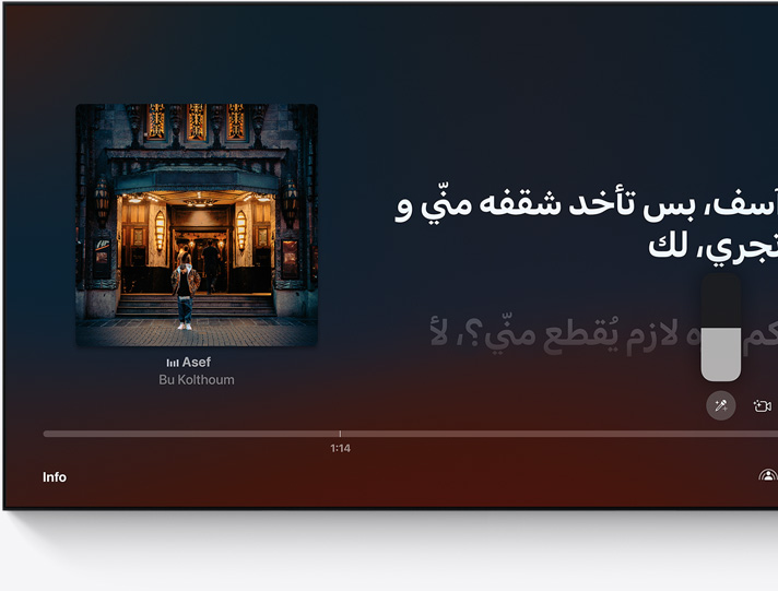 كلمات من أغنية ”آسف” لبو كلثوم تتناغم مع الأغنية على شاشة التلفزيون.