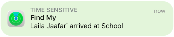 Animation of a notification message saying that a kid has arrived at school.