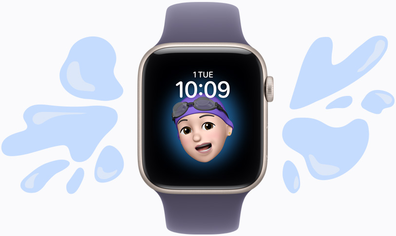 Apple Watch SE 3, aluminum case, startlight color, Memoji watch face, illustrated water splashes off water-resistance device, purple fog Sport Band