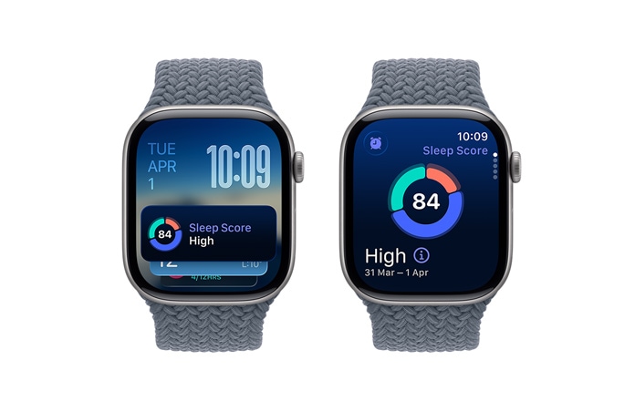 Apple Watch Series 11, space gray color, aluminum case, Smart Stack hint, sleep score notification, right side exterior, Digital Crown, Braided Solo Loop, anchor blue color