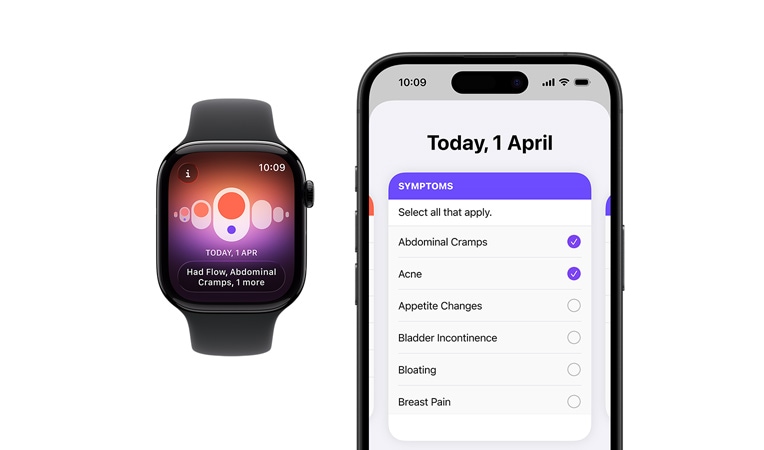 Apple Watch Series 10, black Sport Band, front, UI reads Cycle Tracking, Period, Symptom Logging, next to it is iPhone 16, front, UI reads Cycle Tracking, Symptom Logging, Period