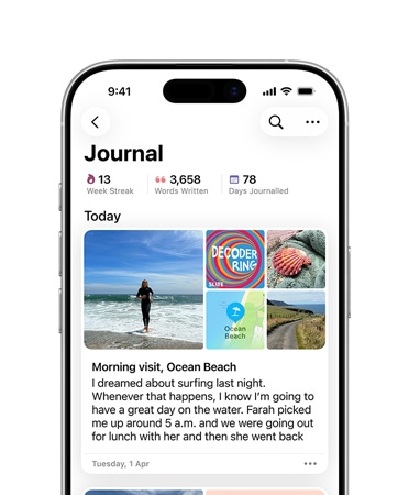 iPhone 16 front, display reads Journal