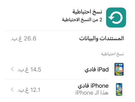 شاشة تعرض استخدام لبيانات النسخ الاحتياطي على iCloud