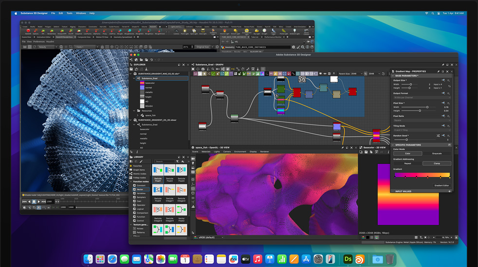 Screen of Adobe Substance Designer and Houdini 3D program being used to edit on M4 Max Mac Studio