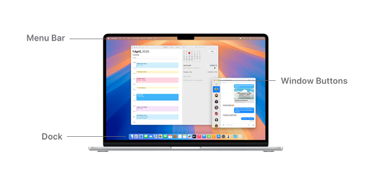 A tour of macOS navigation, like the Menu Bar at the top of the MacBook device display screen, Window Buttons and Dock.