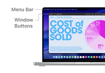 A tour of macOS navigation on MacBook Pro 14" with lines indicating the location of the Menu Bar and Window Buttons.