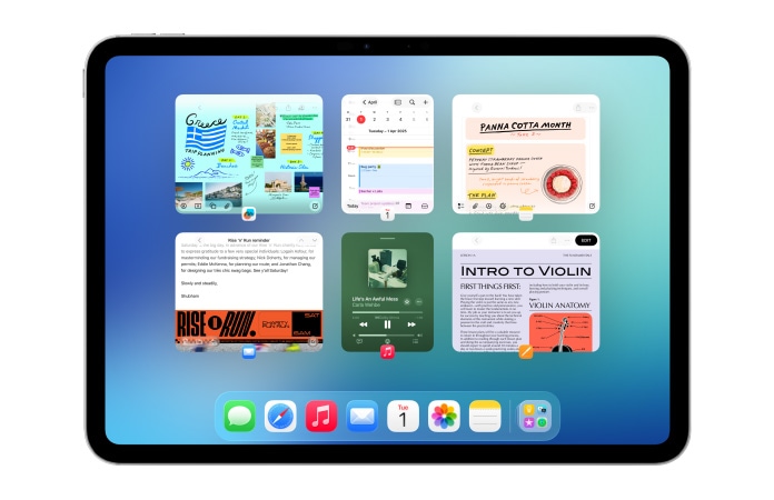 iPad, landscape orientation, shows six windows open in two rows, including Calendar app, Notes app, Apple Music, and Safari