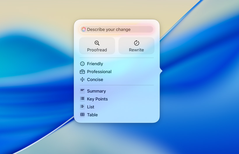 書寫工具的用户介面,包括用於輸入提示的文字欄位、用於校對和重寫的按鈕、不同的寫作語氣,以及用於摘要、重點、表格和列表的選項。
