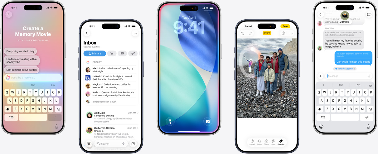 五部 iPhone 裝置分別展示 Apple Intelligence 的功能，包括製作回憶影片、郵件 app 的優先訊息、內側發光的 iOS 鎖定畫面、在相片 app 使用清除工具抹走物件，以及訊息 app 的即時翻譯。