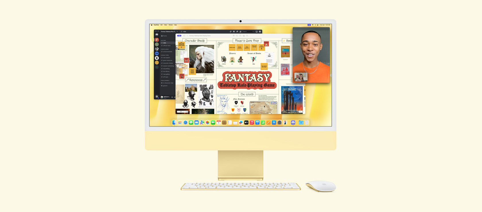 黃色 iMac,螢幕顯示在進行 Fantasy Tabletop Role-Playing 遊戲,並同時使用 Freeform、Discord 及 FaceTime app。