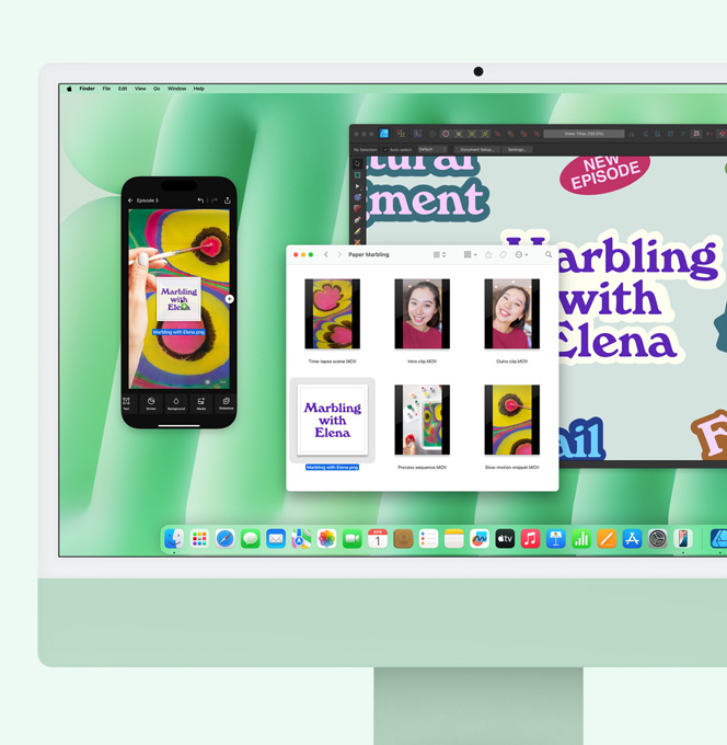 綠色 iMac,顯示正在使用的 iPhone 鏡像輸出功能。將 iMac 的檔案拖移至鏡像輸出的 iPhone 螢幕上