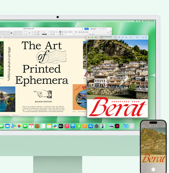 綠色 iMac 和 iPhone 並排展示,用 iPhone 掃描的檔案出現在 iMac 螢幕上