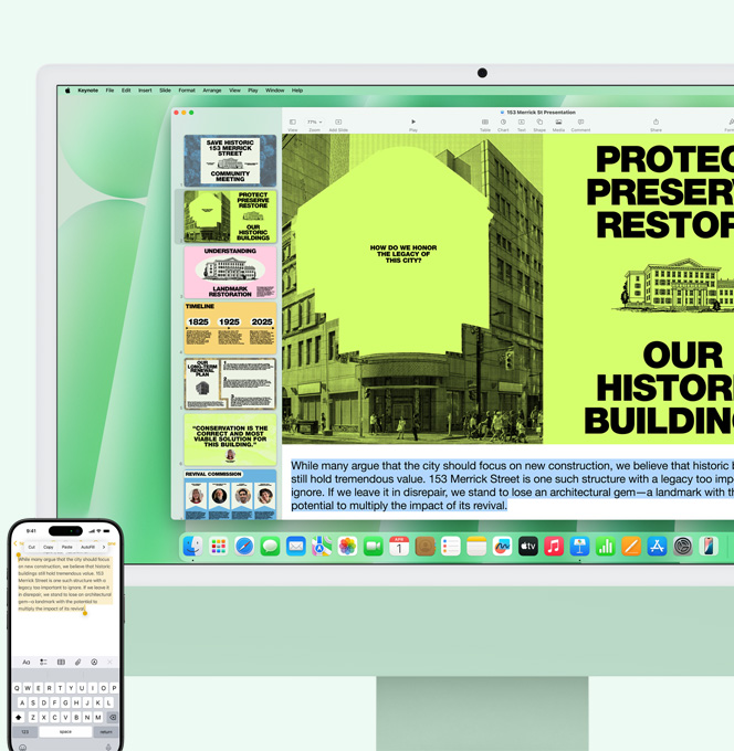 綠色 iMac 和 iPhone 並排展示,將 iPhone 備忘錄 app 的文字複製並貼上至 iMac