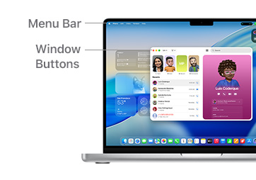 A tour of macOS navigation on MacBook Pro 14" with lines indicating the location of the Menu Bar and Window Buttons.