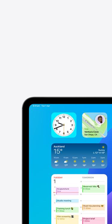 VoiceOver feature on iPad Pro screen showing Weather app widget with audio output “Weather, Auckland, 15 degrees”