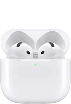 Des AirPods 4 à l’intérieur du boîtier de charge avec le couvercle ouvert.