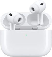 白色 AirPods Pro 3 和 MagSafe 充電盒 (USB-C),展示充電盒的圓角外觀和 LED 電源指示燈;充電盒盒蓋打開,展示無線耳筒和矽膠耳塞,耳筒柄內側綴有字母 L 和 R