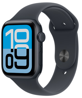 ساعة Apple Watch SE 3، إطار ألومنيوم، لون سماء الليل، واجهة الساعة التدفق، الجزء الخارجي الأيمن، التاج الرقمي، ميكروفون، الزر الجانبي، حزام رياضي بلون سماء الليل، نظام إغلاق بإبزيم ومشبك بلون فضي