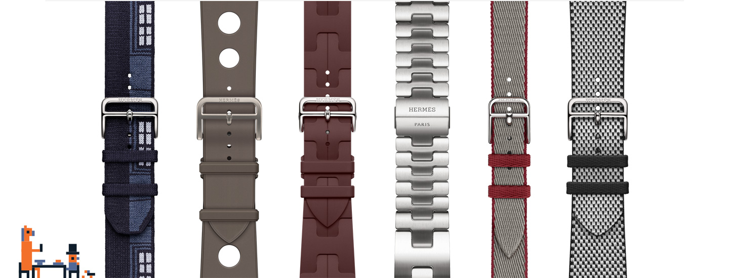 Pixel art of a person and horse siting at a table, Cinturini Hermès: Faubourg Party color Bleu Nuit, Scub’H Diving color Gris Titane, Simple Tour Kilim color Bordeaux, Grand H color Satiné, Simple Tour Attelage Twill Jump color Gris Meyer/Rouge Grenat, Simple Tour Toile H color Noir/Écru