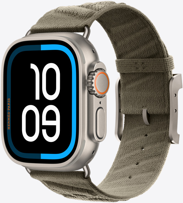 Apple Watch Hermès Ultra 3, cassa in titanio naturale, cinturino En Mer, color Gris Titane