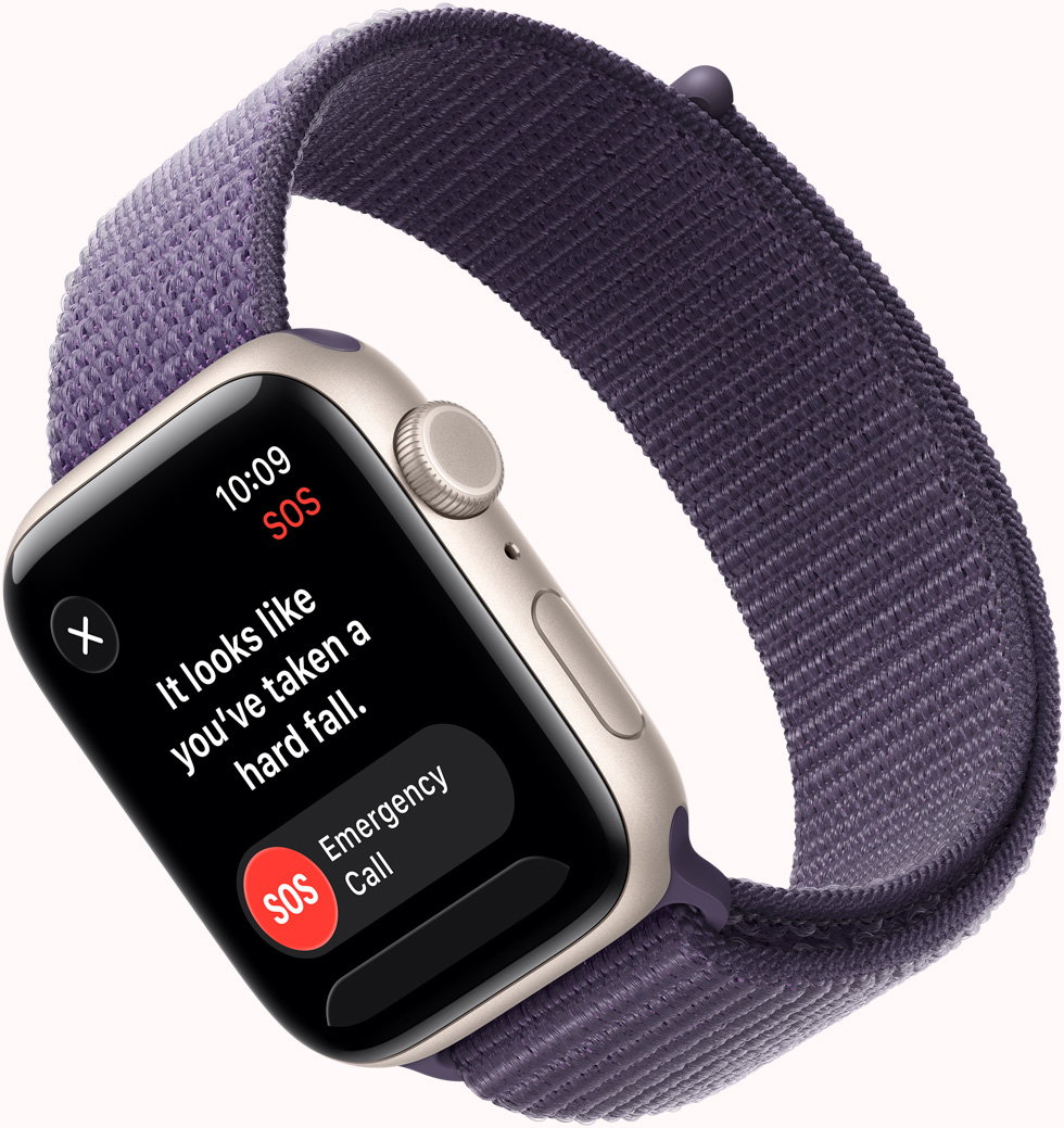 Apple Watch SE 3, aluminum case, starlight color, SOS Fall Detection notification, emergency call and I'm OK buttons, right side exterior, Digital Crown, microphone, side button, band, Sport Loop, purple fog color