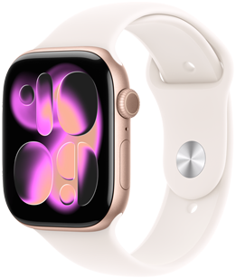Apple Watch Series 11، لون ذهبي وردي، إطار ألومنيوم، واجهة الساعة Responsive Art، الجزء الخارجي الأيمن، التاج الرقمي، ميكروفون، الزر الجانبي، حزام رياضي خوخي متورد